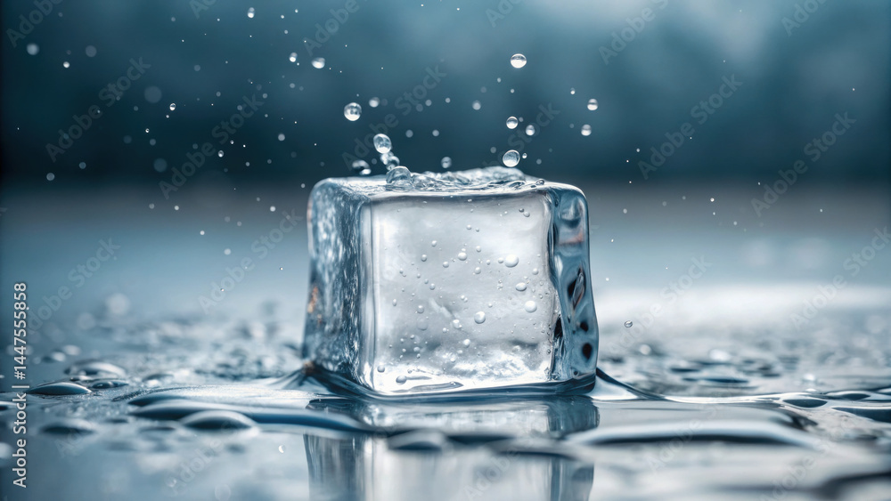 Poster ice cube with water droplets splashing on reflective surface, showing clear texture and cool blue to
