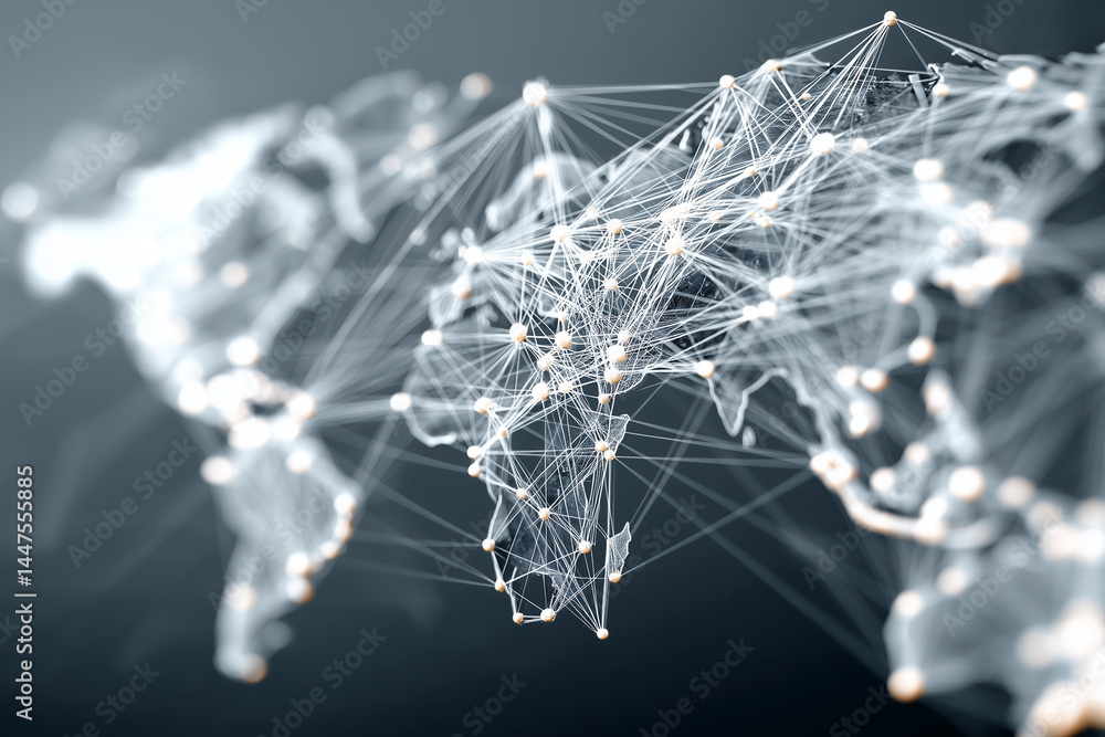 Poster global network of connections illustrated world map, showcasing interconnected nodes and lines repre