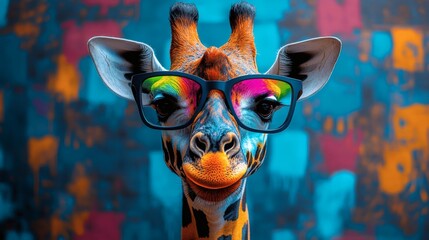 Detailed portrait of a giraffe head wearing eyeglasses with colorful lens reflections, looking directly at the camera on a transparent background, PNG image, PNG file.