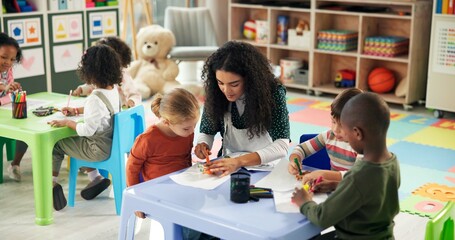 Drawing, education and teacher with children in classroom for learning, nursery and creative art....
