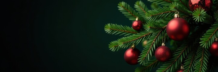 Dark green fir bough laden with red & gold ornaments , evergreen, season