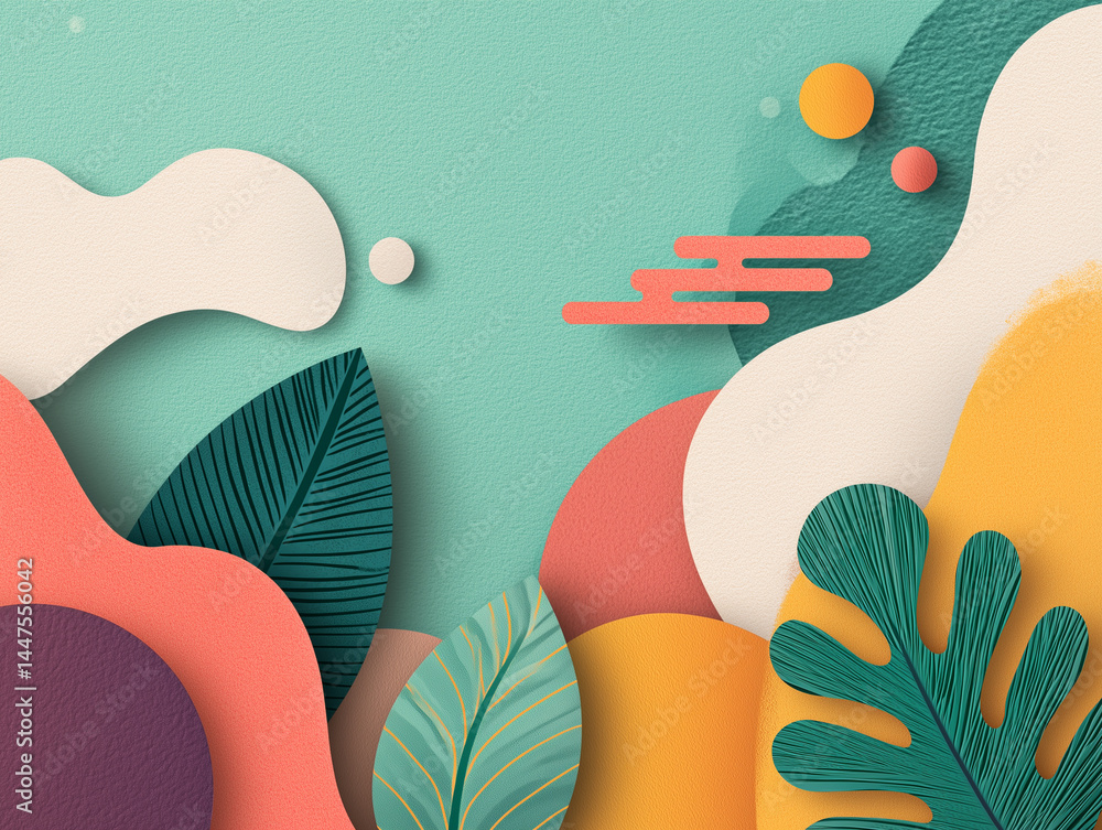 Poster modern abstract design featuring colorful shapes and tropical leaves, creating vibrant and playful a