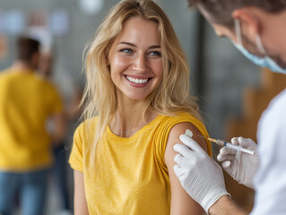 smiling woman in yellow shirt receives vaccination from healthcare professional. atmosphere is positive and supportive, highlighting importance of health and wellness