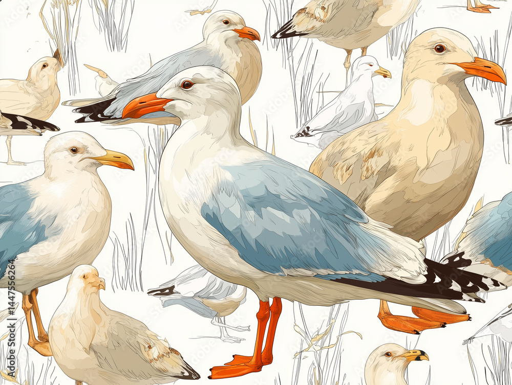 Poster seagulls in various poses and colors create vibrant summer pattern, showcasing their distinct featur