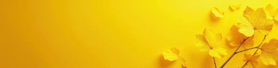 Obraz premium Golden ginkgo leaves scattered on vibrant yellow backdrop, autumnal header , bright, healthy, image