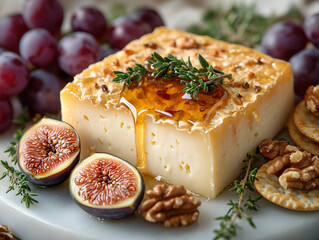 Overhead view of premium cheese board with honey drizzle in action