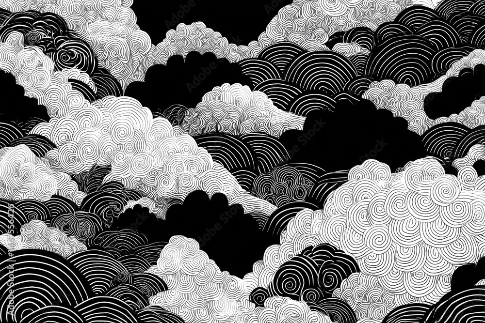 Poster intricate black and white swirling clouds create mesmerizing pattern, evoking sense of calm and tran