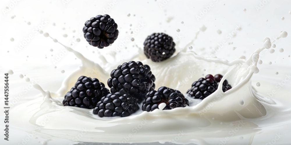Poster blackberries dropping into milk splash with fresh fruit and creamy liquid in motion, creating dynami