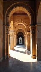 Intricate stone archway, ornate columns, sun-dappled shadows in ancient Arab arcade , ruin, antique, design