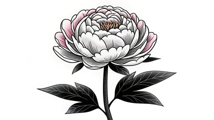 Fototapeta premium Blooming peony flower with soft pastel pink petals and detailed black leaves, high fidelity illustration with intricate line work and elegant floral design