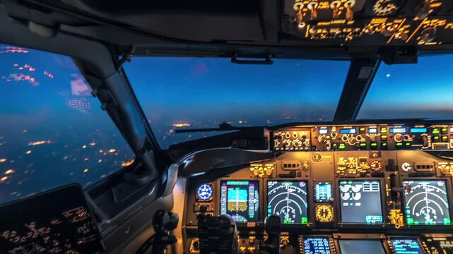 Nighttime cockpit timelapse of commercial airplane in flight