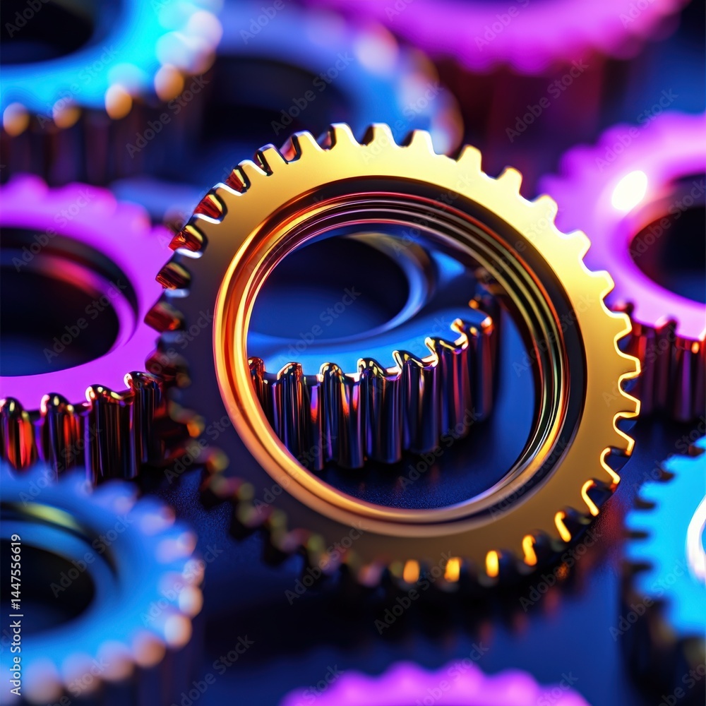 Aufkleber group of interconnected gears representing mechanism and engineering in industrial environment