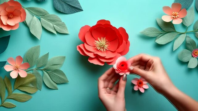 Crafting paper flowers: hands create vibrant blooms on turquoise background