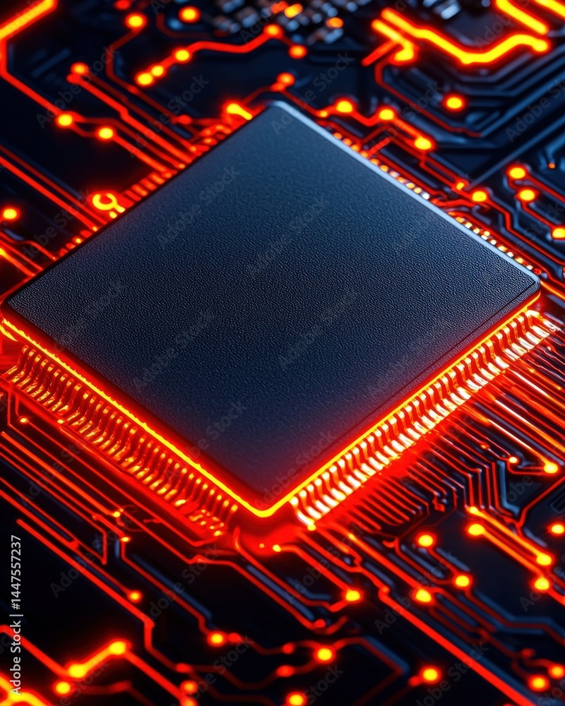 Poster detailed close-up of a circuit board with illuminated red light indicating power and functionality