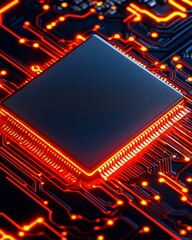 Fototapeta premium Detailed close-up of a circuit board with illuminated red light indicating power and functionality