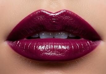 Obraz premium Close up of lips with dark red glossy lipstick showing teeth and skin in a beauty shot style image