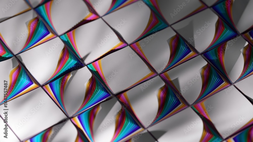 Poster rainbow-colored edges create a vibrant and dynamic abstract pattern on a surface of white tiles, add