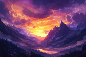 A dramatic sunset over a mountain range, golden