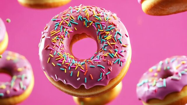 Colorful donuts with sprinkles floating against a pink background in slow motion