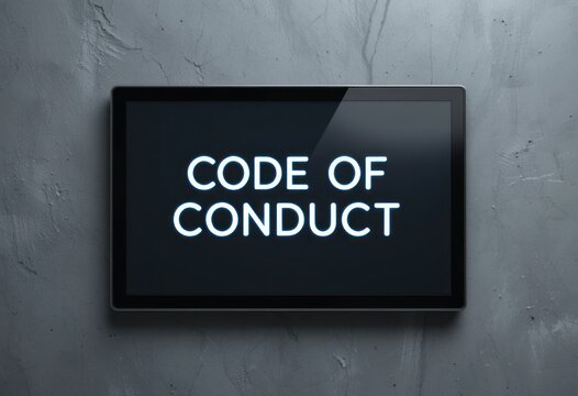 A digital display mockup on a slate gray background with "CODE OF CONDUCT" written in sleek modern font.
