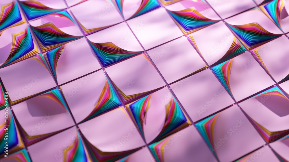 Poster stacks of vibrant, colorful paper sheets creating a dynamic wave pattern against a pink background, 