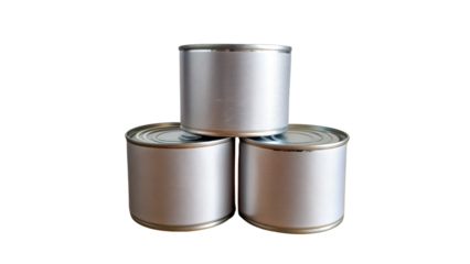 Three blank silver metal cans stacked in pyramid shape isolated on transparency background, showing smooth reflective surfaces and sealed lids