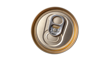 Aluminum can top with pull tab isolated on transparency background, showing metallic texture and circular shape in close up view