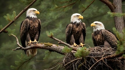 Bald eagle pair feeding eaglet in nest, with dappled