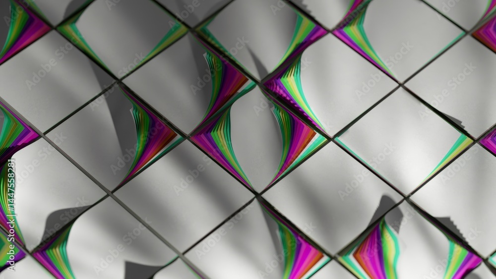 Poster abstract background showing a waving surface made of white squares with colorful stripes, creating a