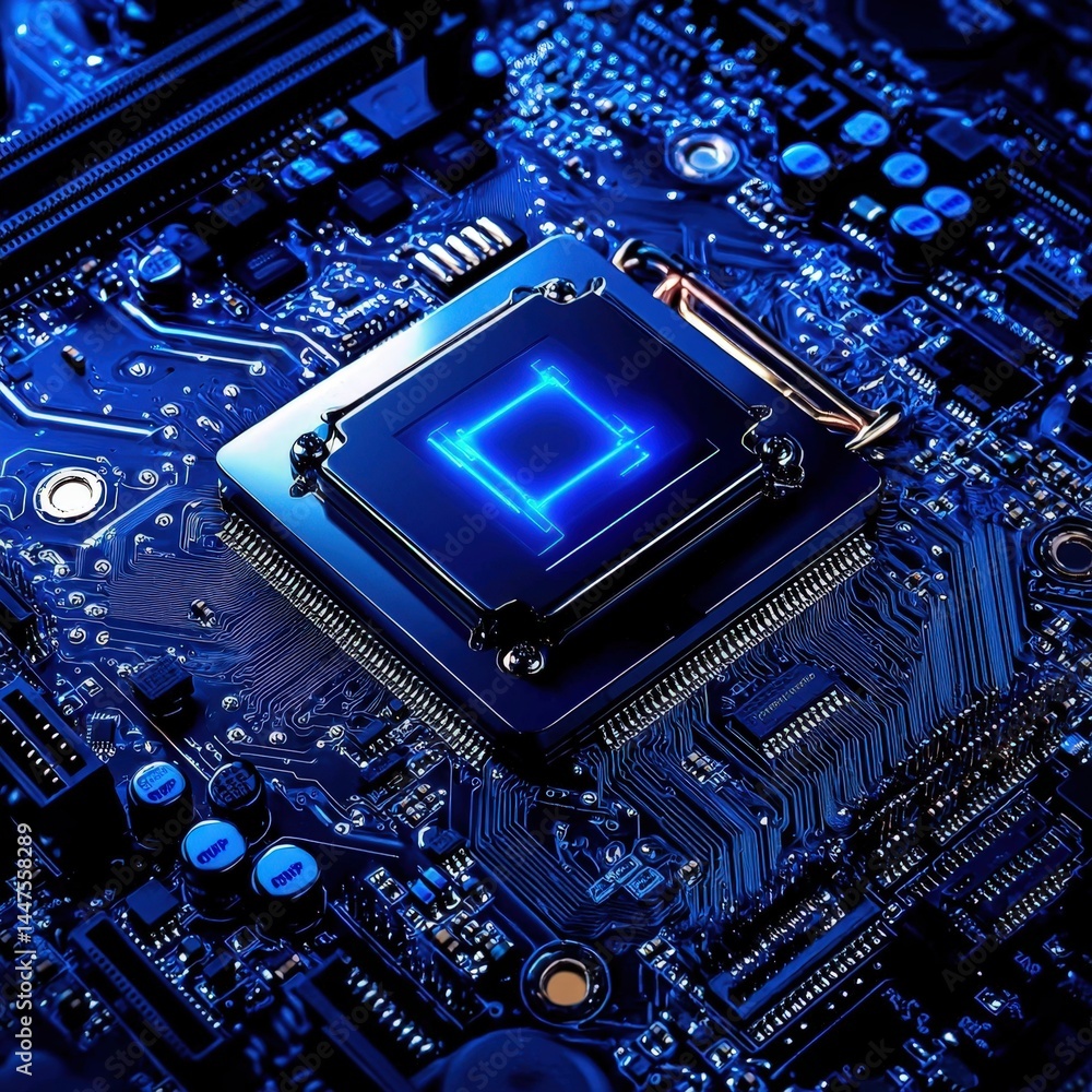Poster detailed close-up of a cpu chip on a computer motherboard highlighting its complex structure
