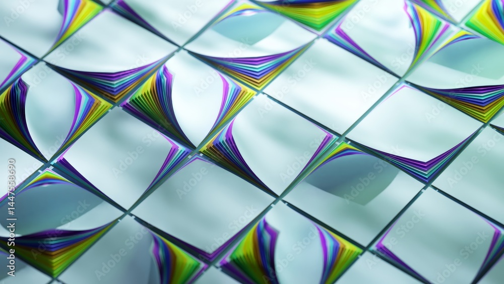 Poster multiple colorful paper sheets are arranged in a wave pattern on white tiles, creating a visually ap