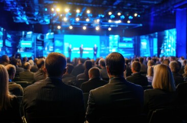 Audience Members Watch Engaging Conference Presentation,  Innovative Technology Showcase,  Modern Event Space