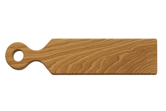 Wooden serving board with a handle.  A rectangular cutting board with a curved handle and a circular loop.  Natural wood grain