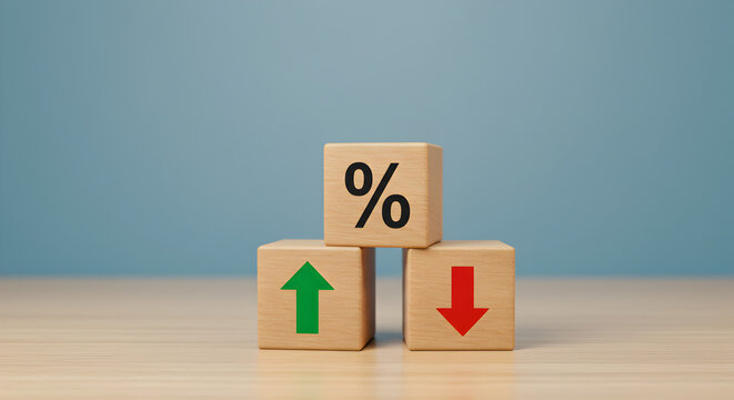 Wooden Blocks Featuring Green Up and Red Down Arrows with Percentage Symbol on a Tabletop