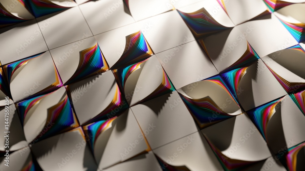 Poster complex geometric origami tiles with iridescent edges are transforming under a moving light source, 