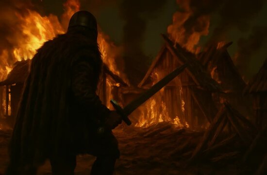 A Viking walking up to a burning house