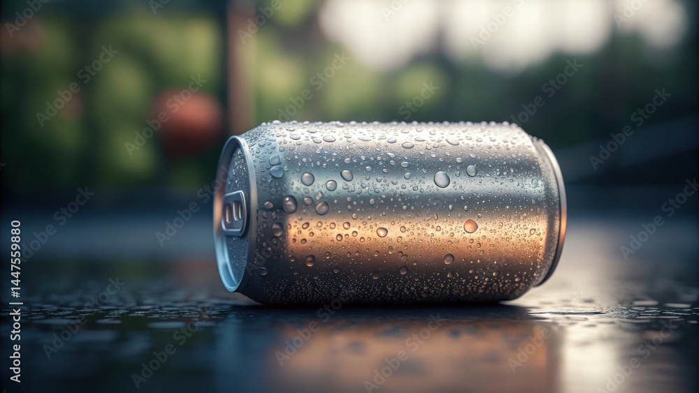 Poster cold drink can lying on wet surface with water droplets reflecting soft light, creating refreshing a