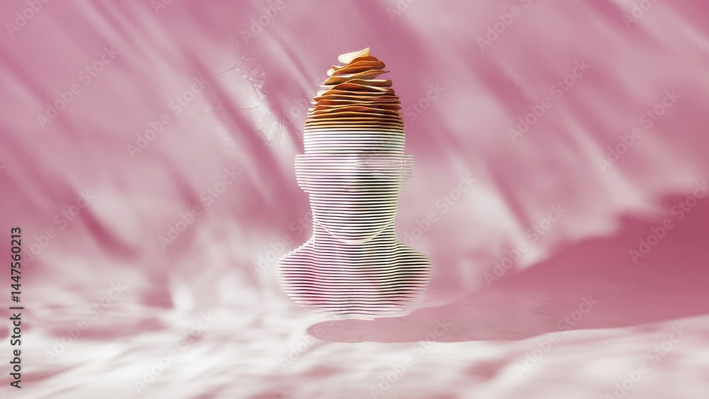 Poster white and orange slices of a mannequin head are progressively detaching and rising, creating an abst