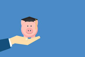Graduation cost, expensive education, scholarship loan budget, education savings and investment concept. Piggy bank in flat design.