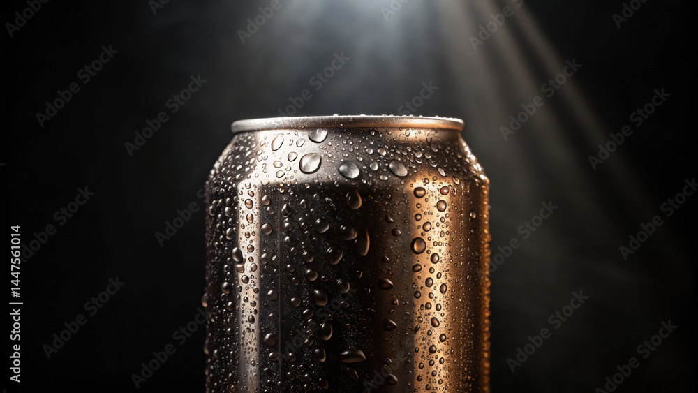 Poster cold beverage can with condensation droplets under dramatic lighting, creating refreshing and cool a