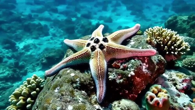 Vibrant Starfish Resting on Coral-Covered Rock &ndash; Shallow Tropical Sea in Crystal Clarity