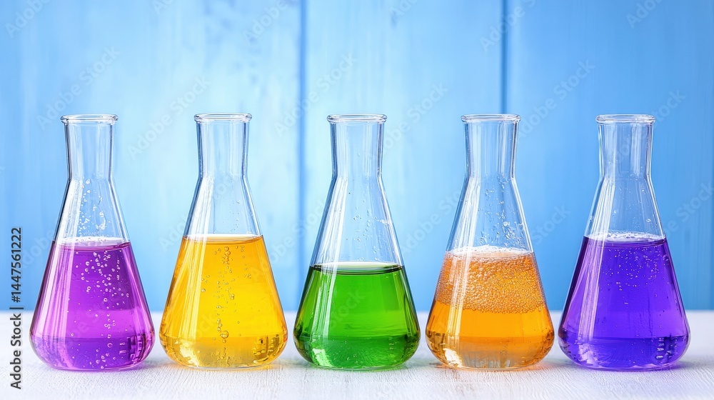 Poster a row of colorful liquids in clear glass containers displaying vibrant hues and viscosity variations