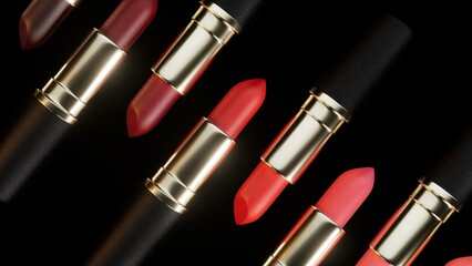 Obraz premium Multiple lipsticks with golden tubes and different shades of red and burgundy rotate slightly on a uniform black background, creating a visually appealing pattern