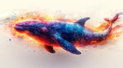 Obraz premium Abstract humpback whale swims gracefully, composed of digital circuitry with watercolor splashes, illuminated eye, motion blur on a transparent background, PNG image, PNG file.