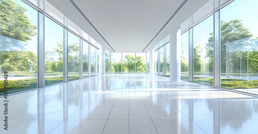 Aufkleber 透明ガラス張りのモダンな建築デザイン 内装の白い壁と床 明るい自然光と屋外の緑の景色