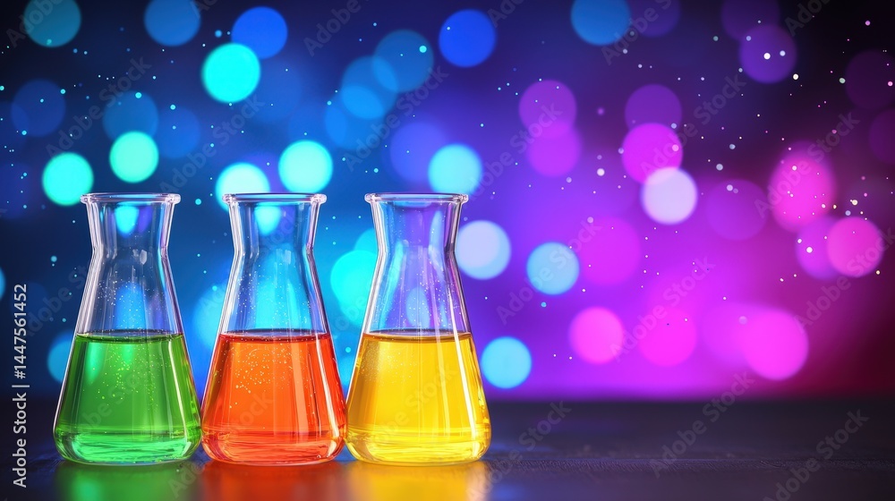 Poster three different colored liquids in beakers displaying their unique properties and laboratory applica