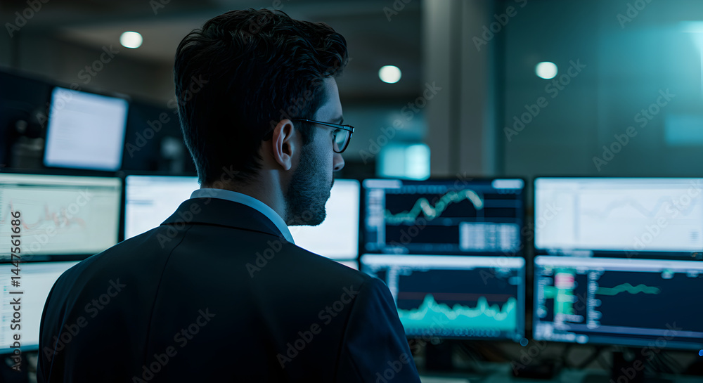 Poster back view of stock trader analyzing financial data on multiple monitors in a dark blue room