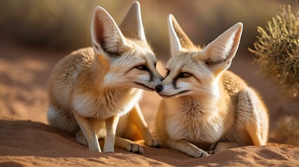 Obraz premium A charming shot of a fennec fox couple in the desert, showcasing their large ears and playful expressions. The warm sand dunes and golden light highlight the natural beauty of these adorable desert dw