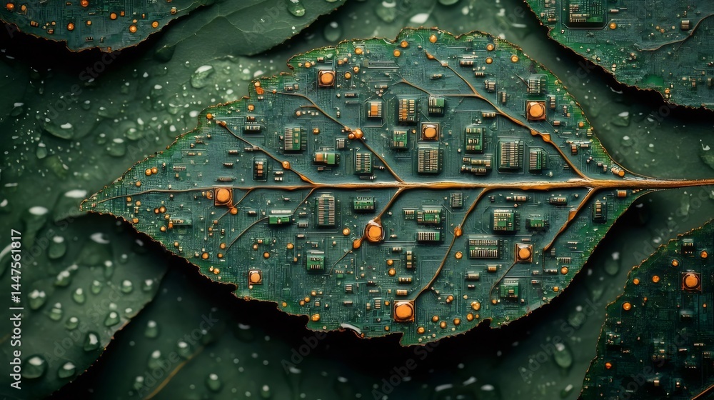 Poster 電子回路で構成された葉のクローズアップ 自然と技術の融合 環境保護のテーマ