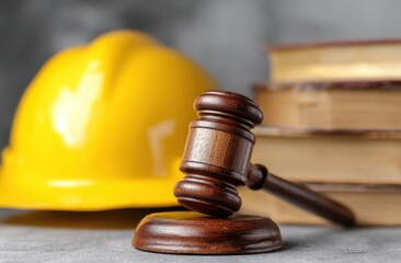 Construction Law, Judge's Gavel, Hard Hat, Legal Books, Justice, Safety Regulations